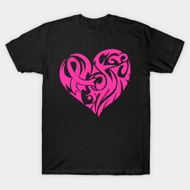 Support Breast Cancer Awareness Pink Ribbon And Heart Print T-Shirt by Linco